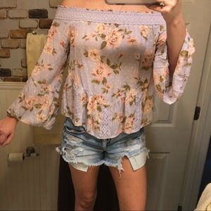 Lavender & floral print AEO off shoulder blouse